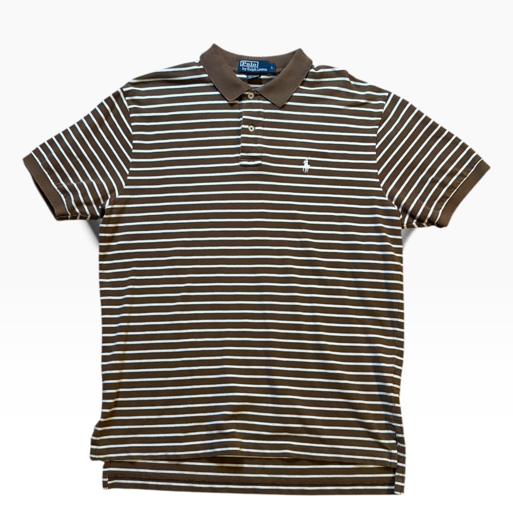 Vintage Polo Ralph Lauren Brown White Striped Polo Shirt Mens Large Cotton Pique